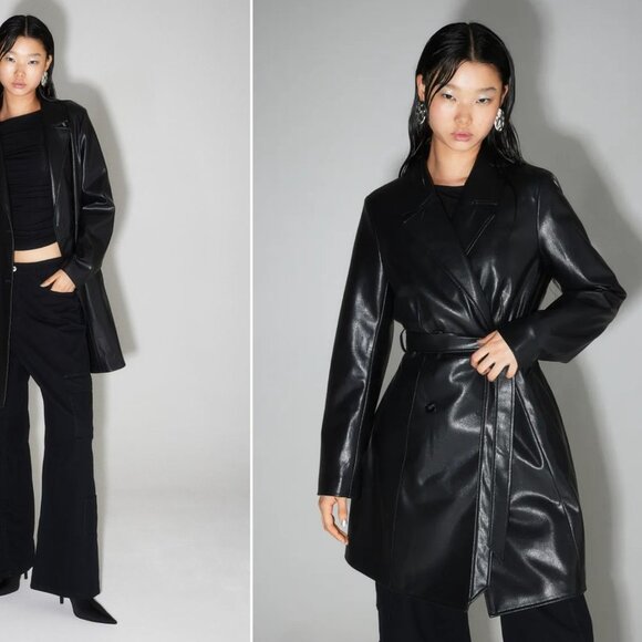 BNWT Premium H&M Vegan Leather Rain Shiny Sexy Trench Coat Black XXS - Picture 6 of 10